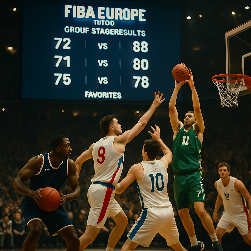 An intense basketball game scene showcasing different national teams during FIBA Europe 2026, with