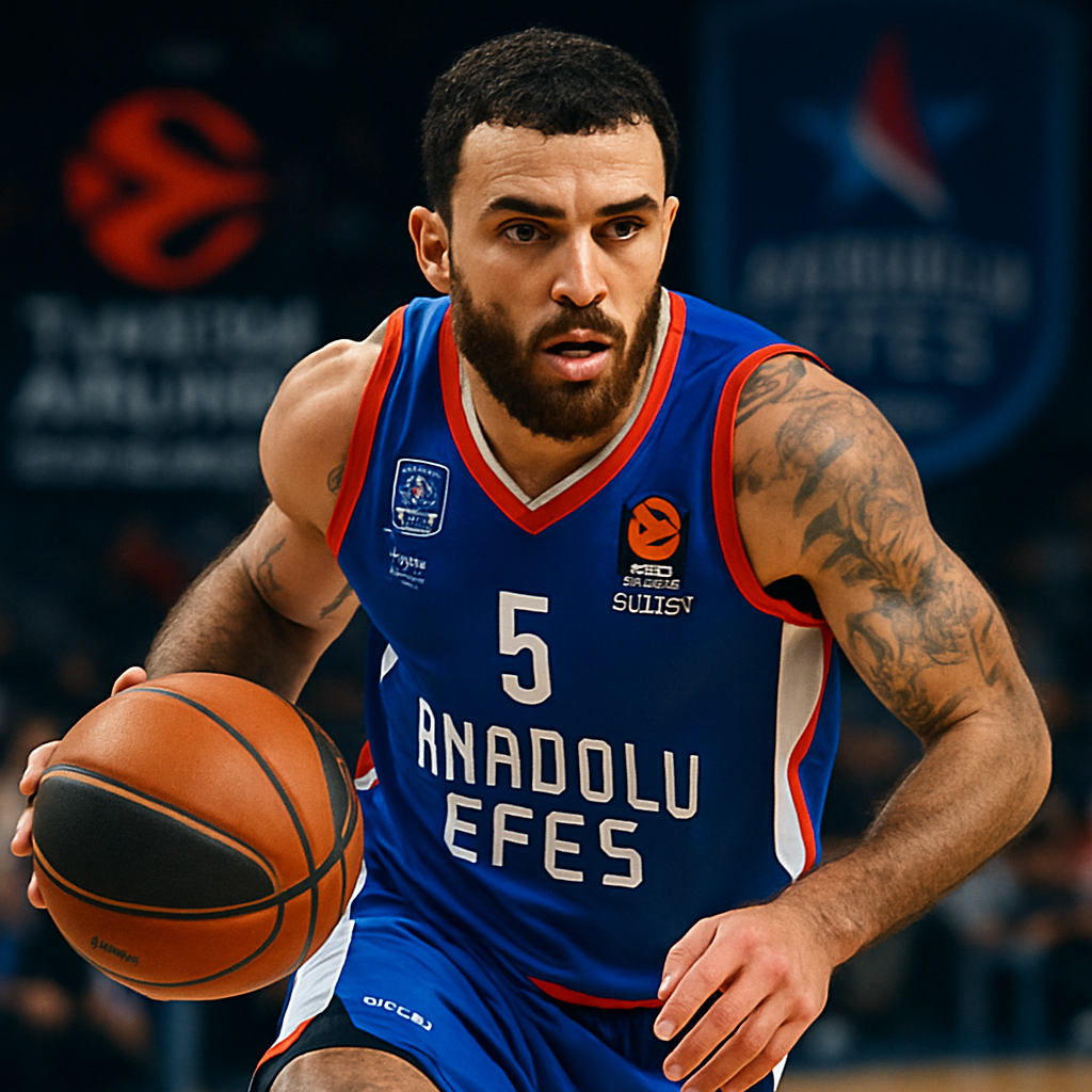 Mike James in an Anadolu Efes jersey, standing confidently on a court with EuroLeague