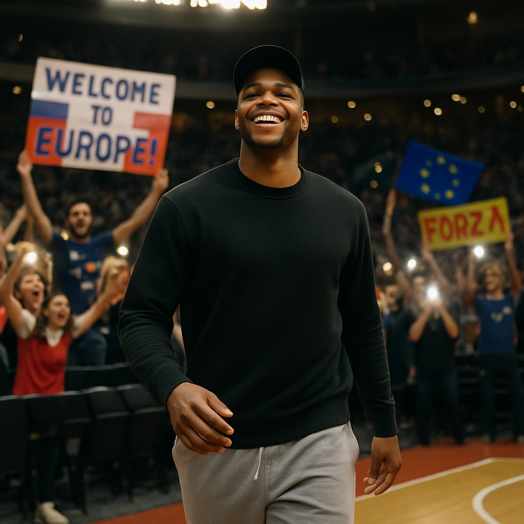 An NBA star making a grand entrance into a European basketball scene, greeted by