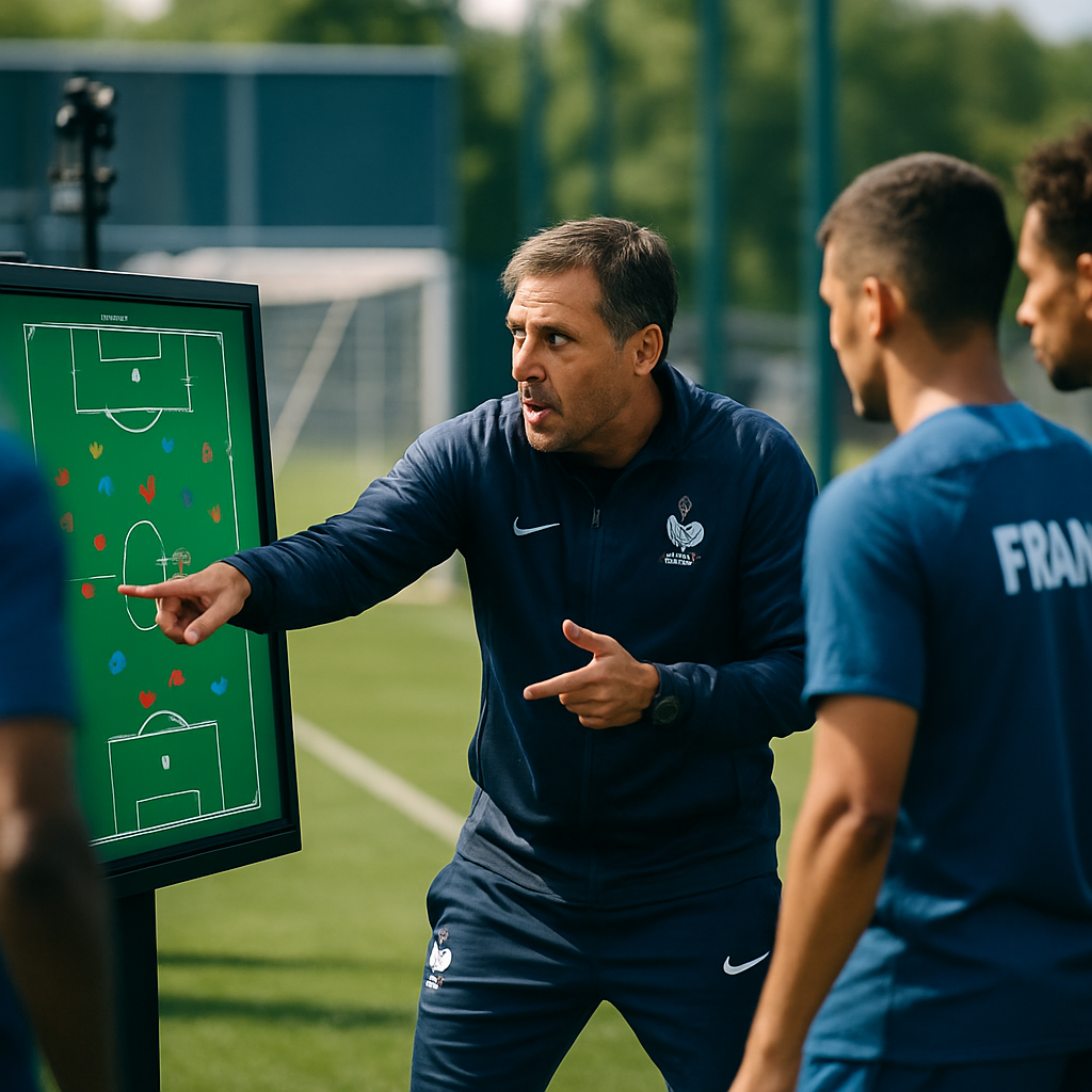 Head coach explaining new tactics to national team players at a modern training camp.