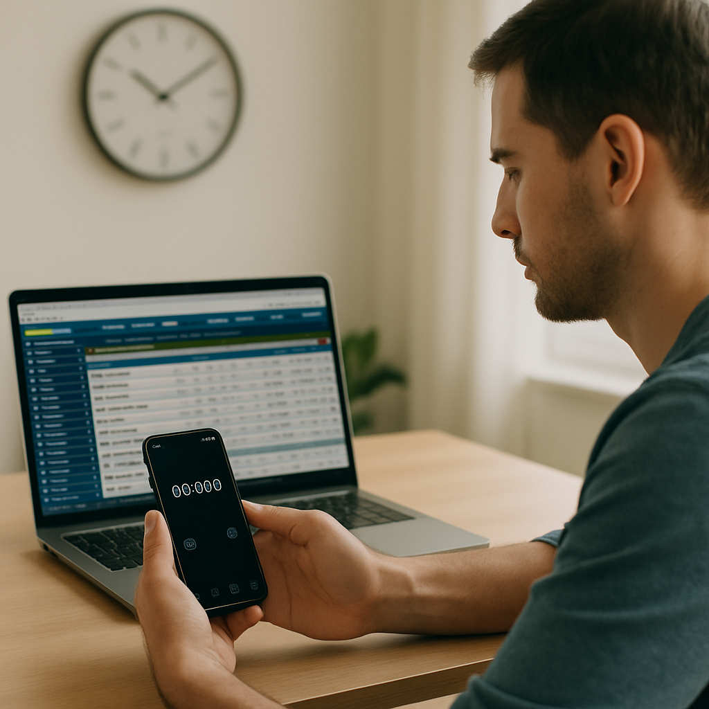 An adult sets a timer on a smartphone beside a laptop, with a clock