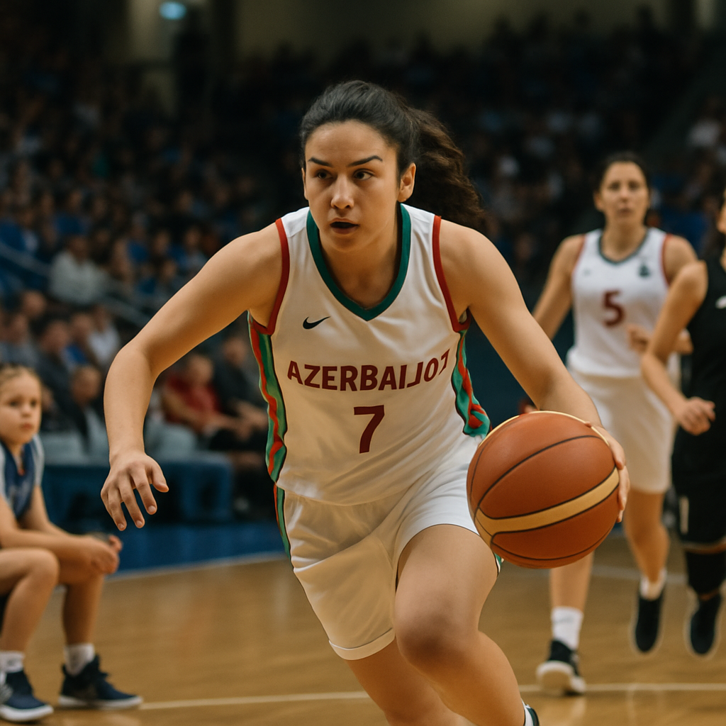 An Azerbaijani women’s basketball player drives toward the basket in a competitive game as