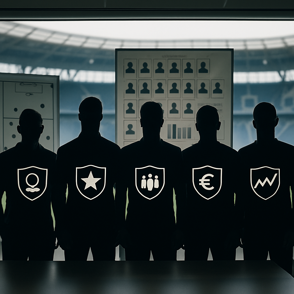Five anonymous football player silhouettes represent different transfer-spending strategies in a modern stadium analysis