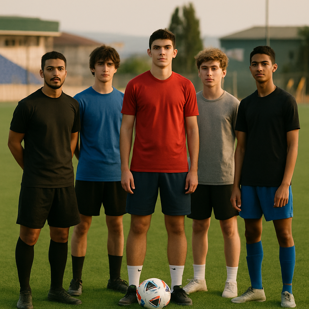 Five young footballers from Azerbaijan and the region stand together on a training pitch.