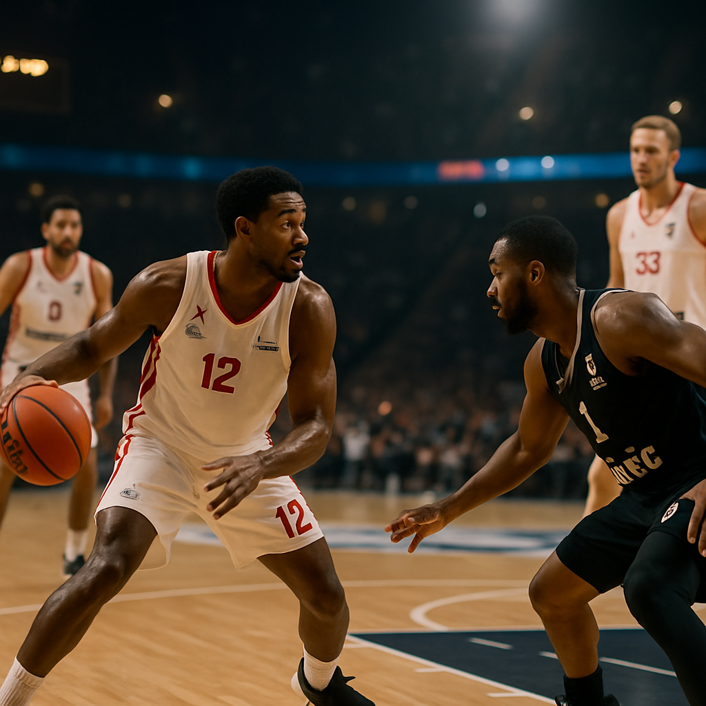 A guard directs a late-game EuroLeague attack as teammates spread across the court and