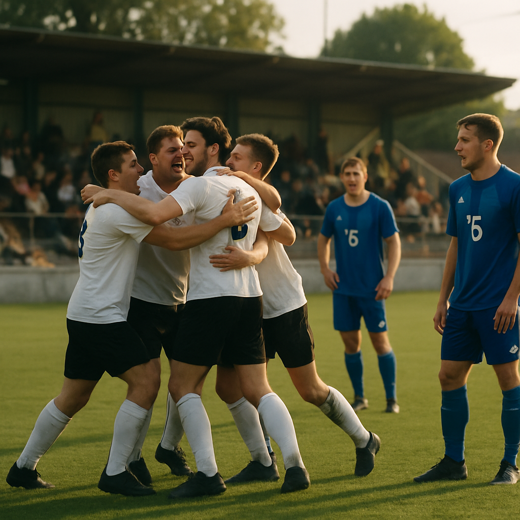 An underdog regional football team celebrates a decisive goal as its title challenge gathers