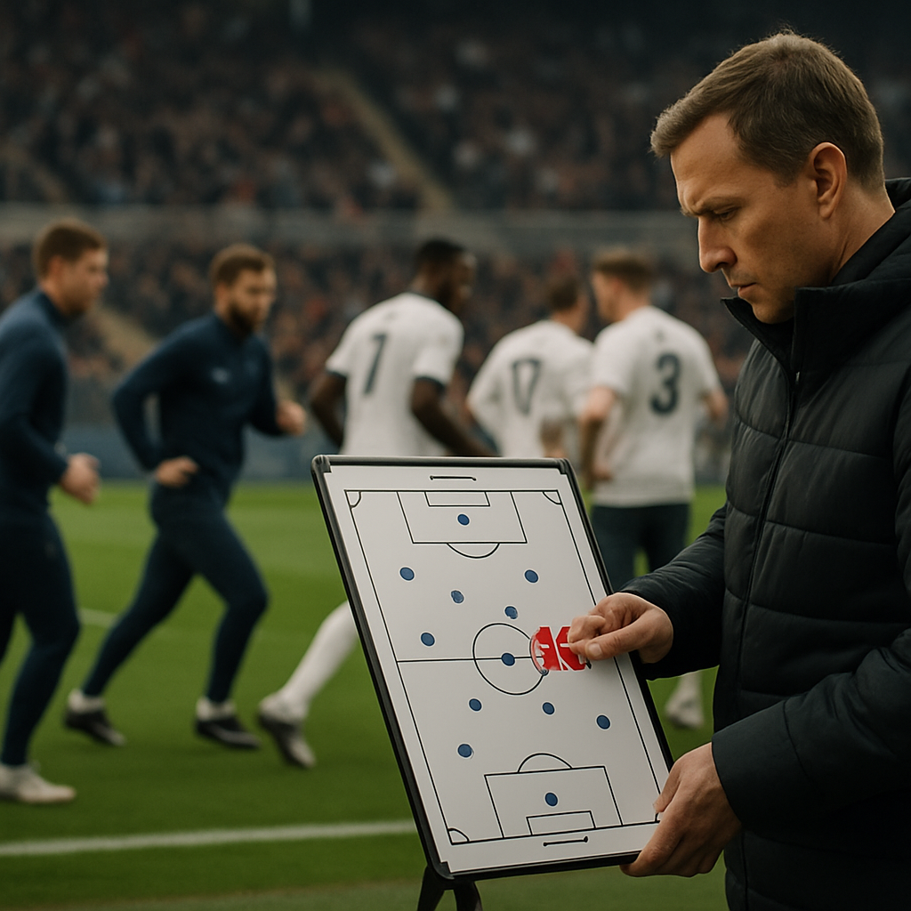 A football coach adjusts a tactics board as substitutes warm up, showing how a