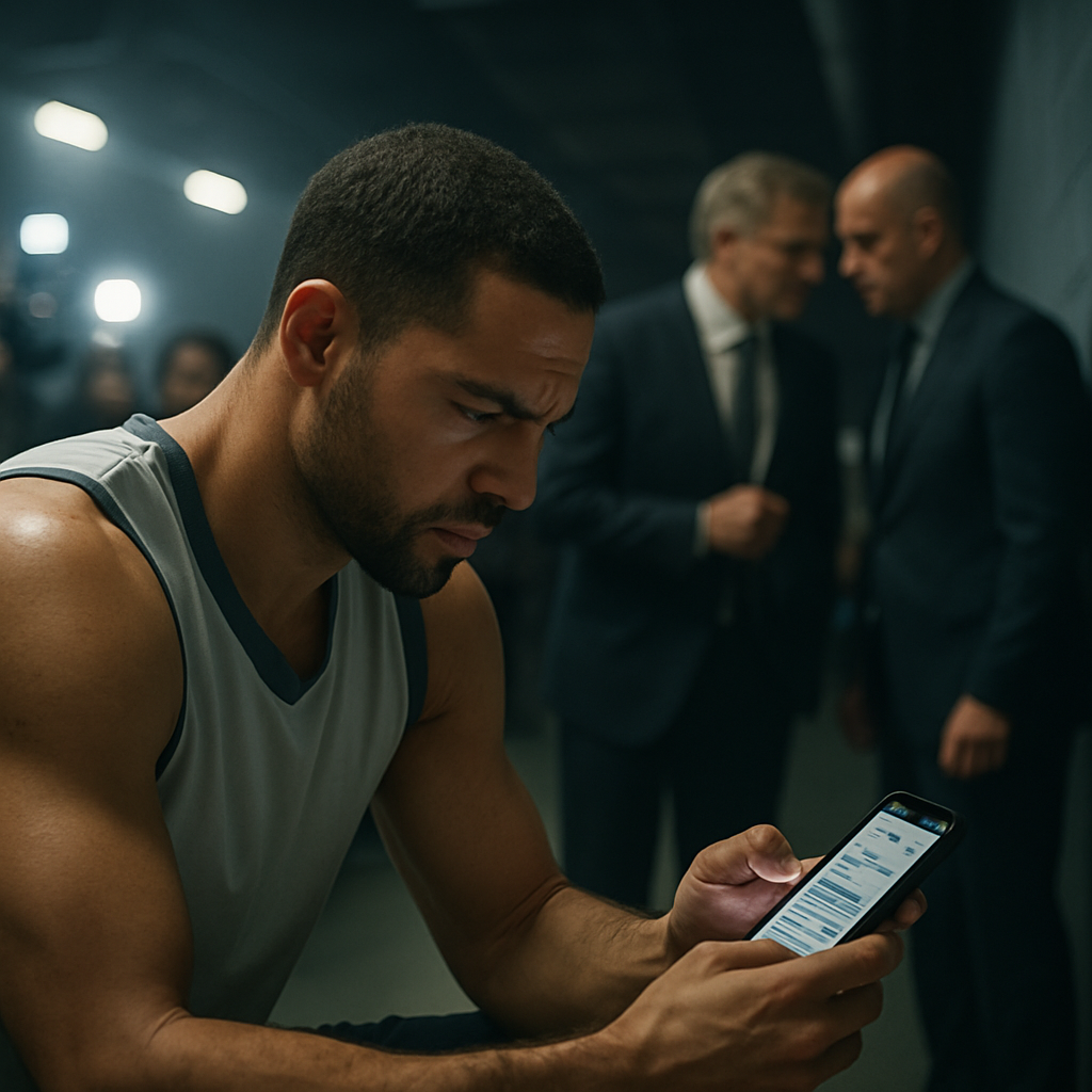 A tense basketball player checks his phone in an arena corridor as club staff