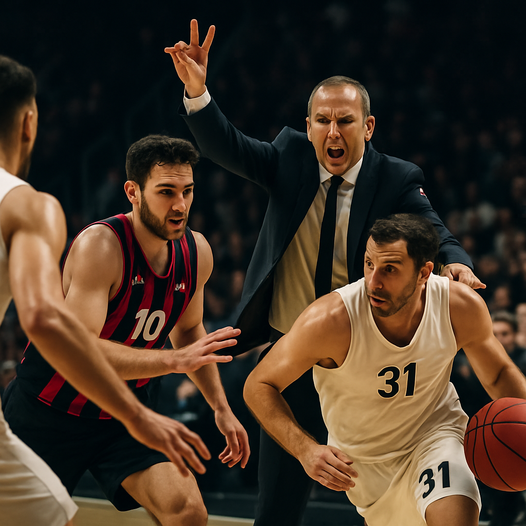 A coach signals a defensive change as players battle for possession in the closing