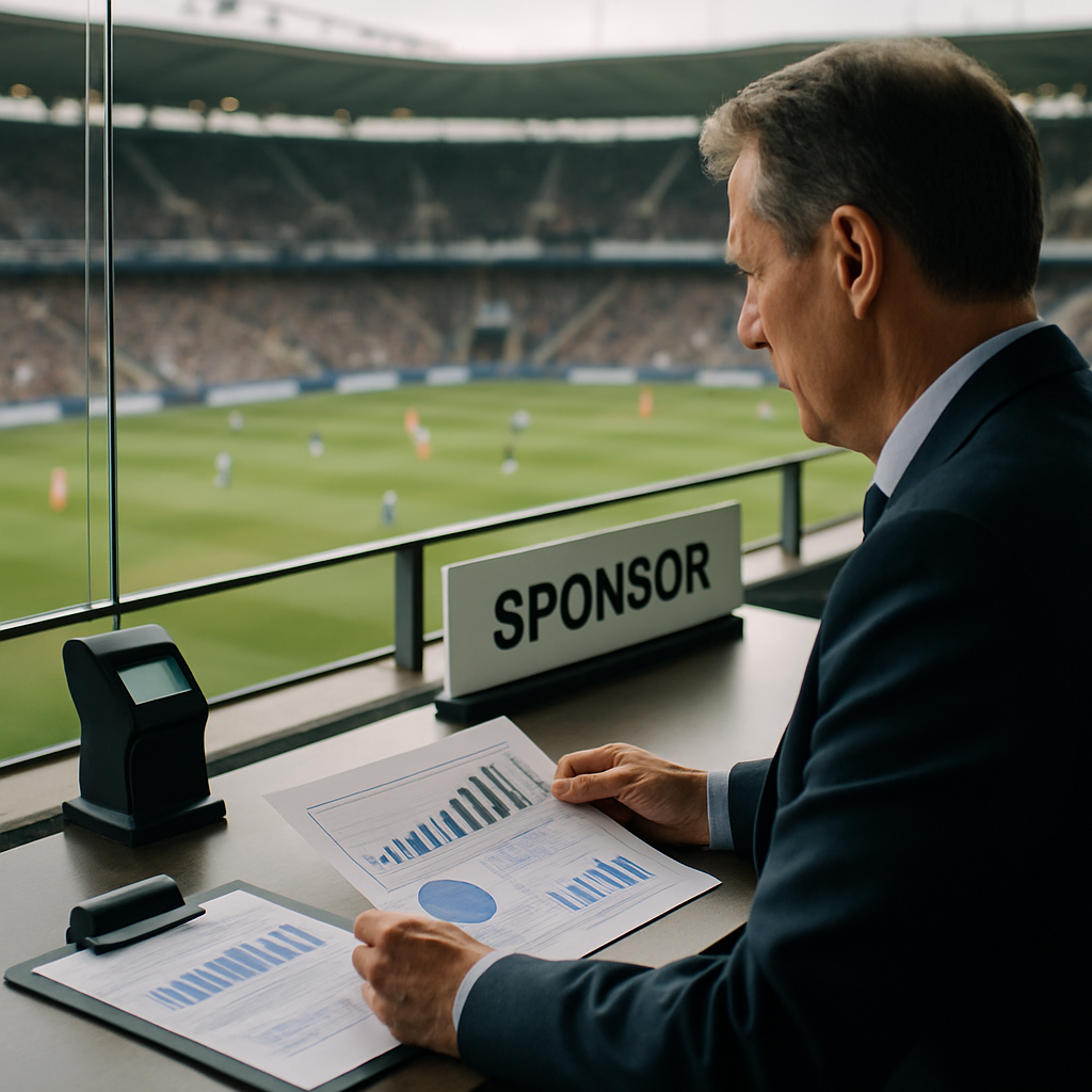 A club finance director reviews a budget report beside a stadium lounge overlooking the