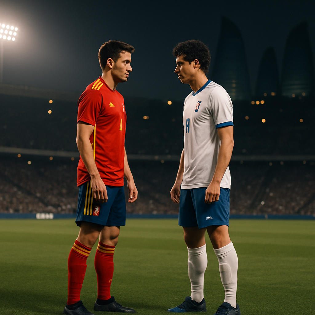 Two anonymous football players face off under stadium lights in Baku, with the Flame